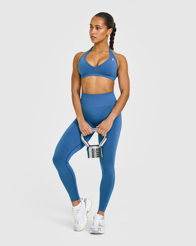 Effortless Seamless Leggings with White Logo | Ocean Blue
