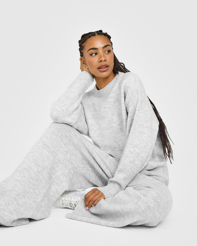 Oversized Knit Crew Neck Sweatshirt | Light Grey Marl