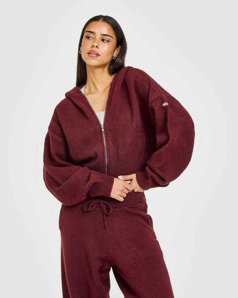 Oversized Knit Zip Up Mid Hoodie Rosewood | Oner Active US