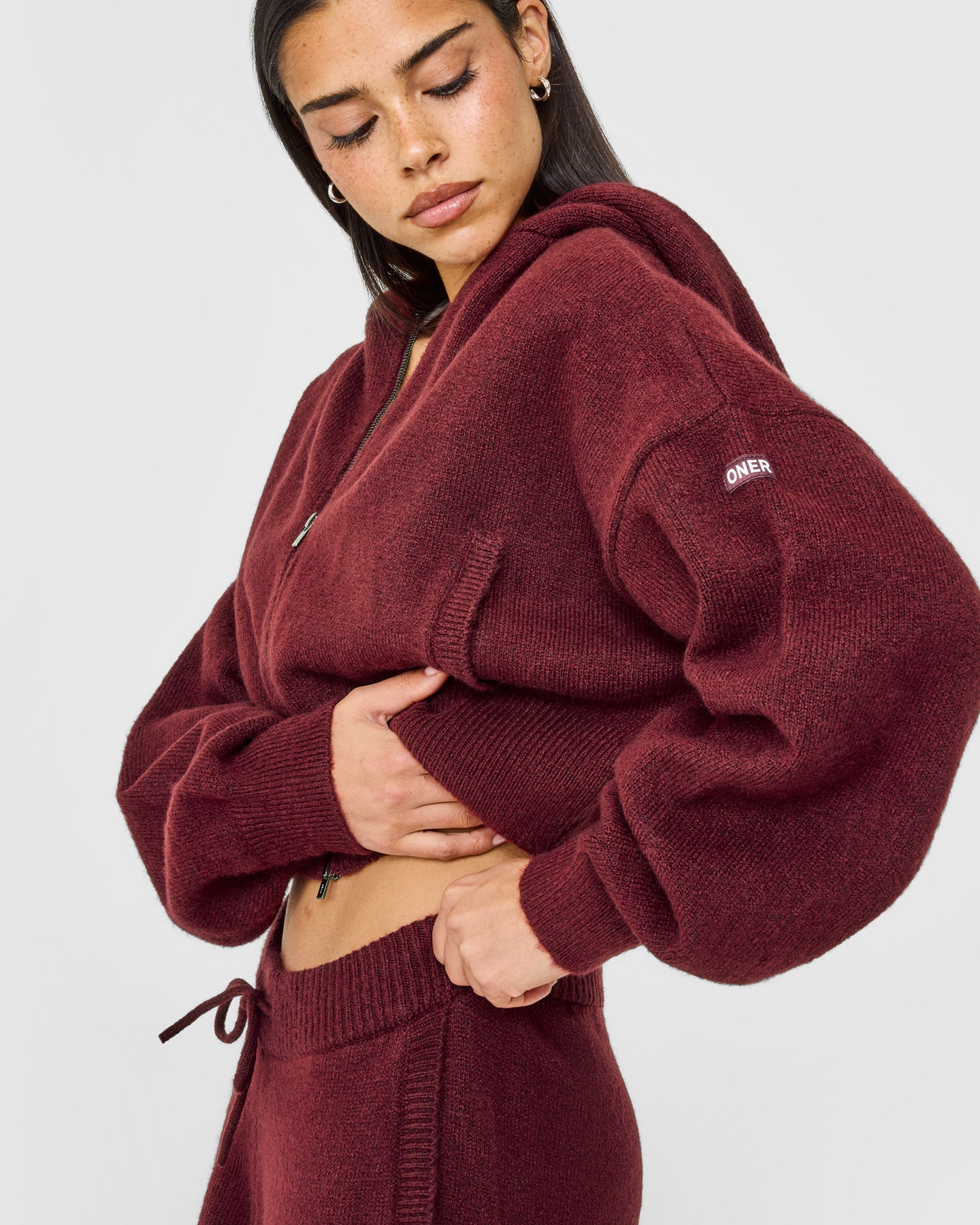 034 Zip Oversized Knit Zip Up Mid Hoodie Rosewood | Oner Active US