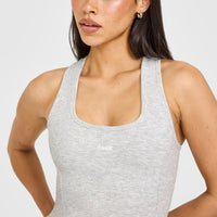 Mellow™ Rib Oner Embroidered Square Neck Mid Vest with Built in Bra Shelf | Light Grey Marl