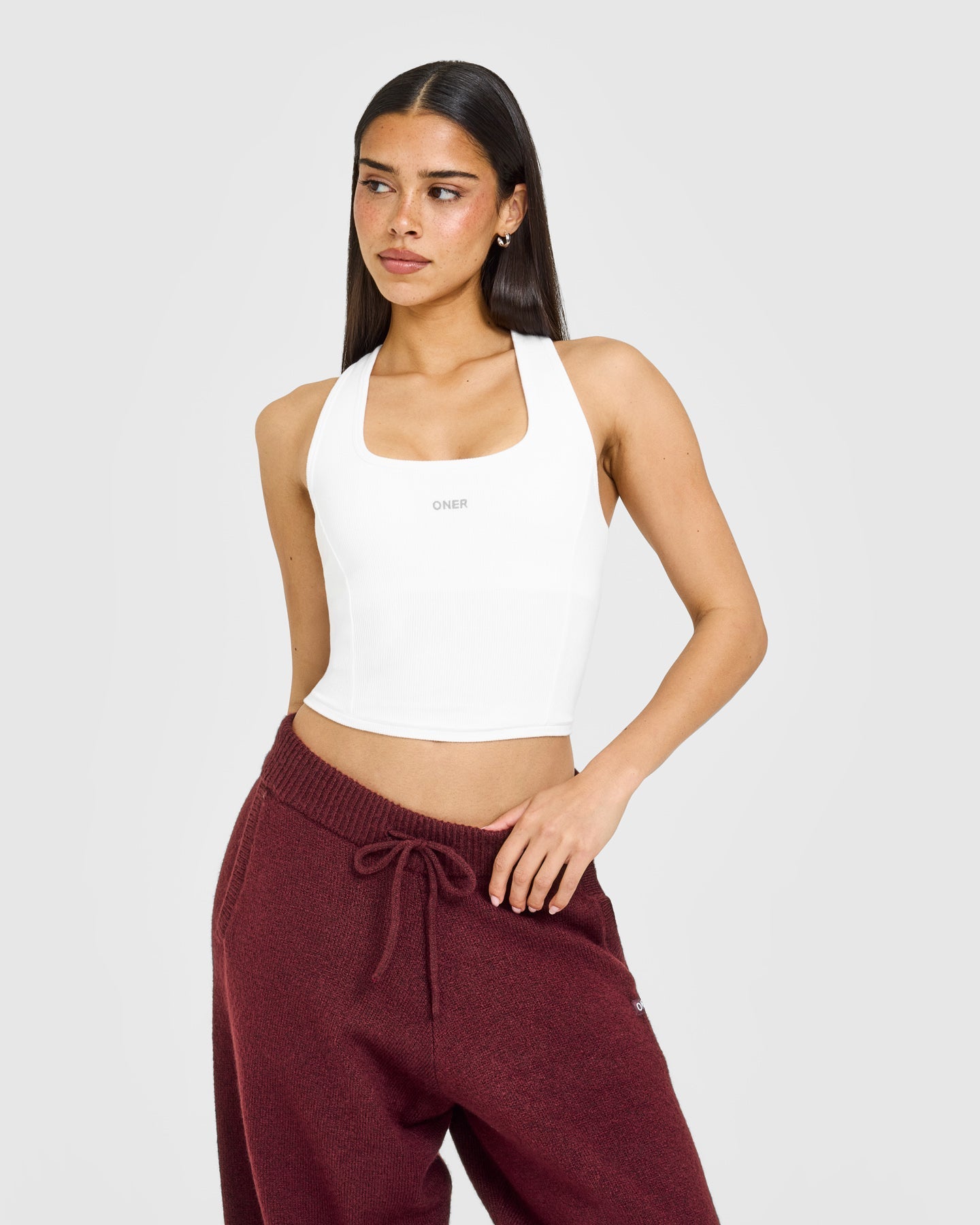 Mellow™ Rib Oner Embroidered Square Neck Mid Vest with Built in Bra Shelf | White