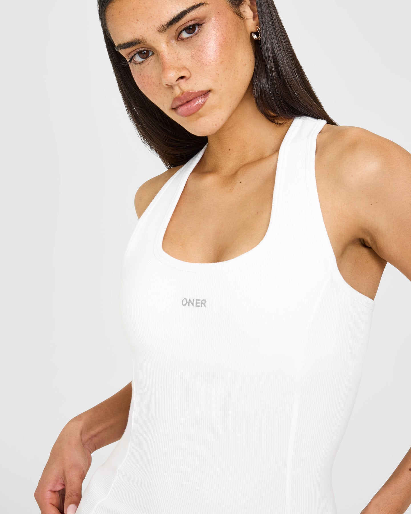 Mellow™ Rib Oner Embroidered Square Neck Vest with Built in Bra Shelf | White