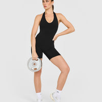 SoftMotion™ Halter Neck All In One Short with White Logo | Black