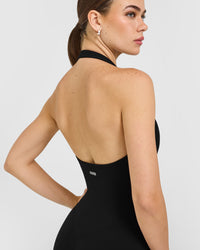 SoftMotion™ Halter Neck All In One Short with White Logo | Black