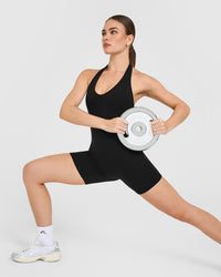 SoftMotion™ Halter Neck All In One Short with White Logo | Black