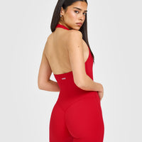 SoftMotion™ Halter Neck All In One Short with White Logo | Fiery Red