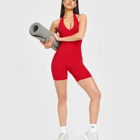 SoftMotion™ Halter Neck All In One Short with White Logo | Fiery Red