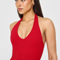 SoftMotion™ Halter Neck All In One Short with White Logo | Fiery Red
