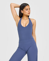 SoftMotion™ Halter Neck Mid Vest with Built in Bra Shelf with White Logo | Slate Blue