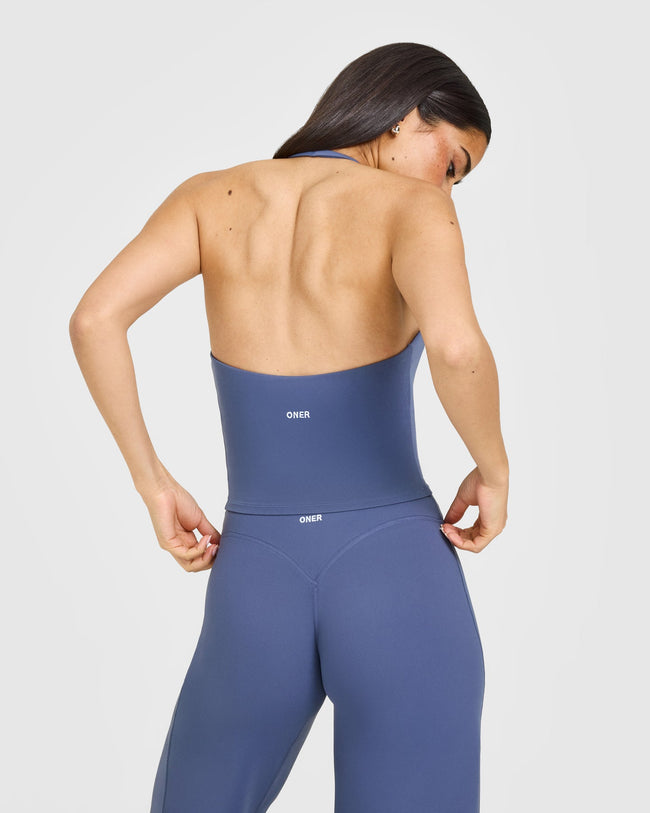 SoftMotion™ Halter Neck Mid Vest with Built in Bra Shelf with White Logo | Slate Blue
