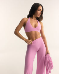 SoftMotion™ Minimal Halter Neck Bralette with White Logo | Rose Pink