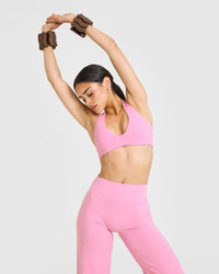 SoftMotion™ Minimal Halter Neck Bralette with White Logo | Rose Pink