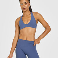 SoftMotion™ Minimal Halter Neck Bralette with White Logo | Slate Blue