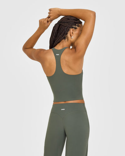SoftMotion™ Racer Back Mid Vest with Built in Bra Shelf with White Logo | Dark Khaki