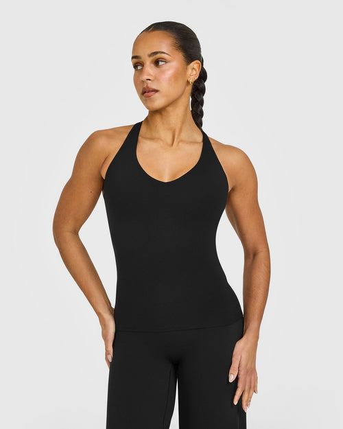 Oner Modal SoftMotion™ Racer Back Vest with Built in Bra Shelf with White Logo | Black