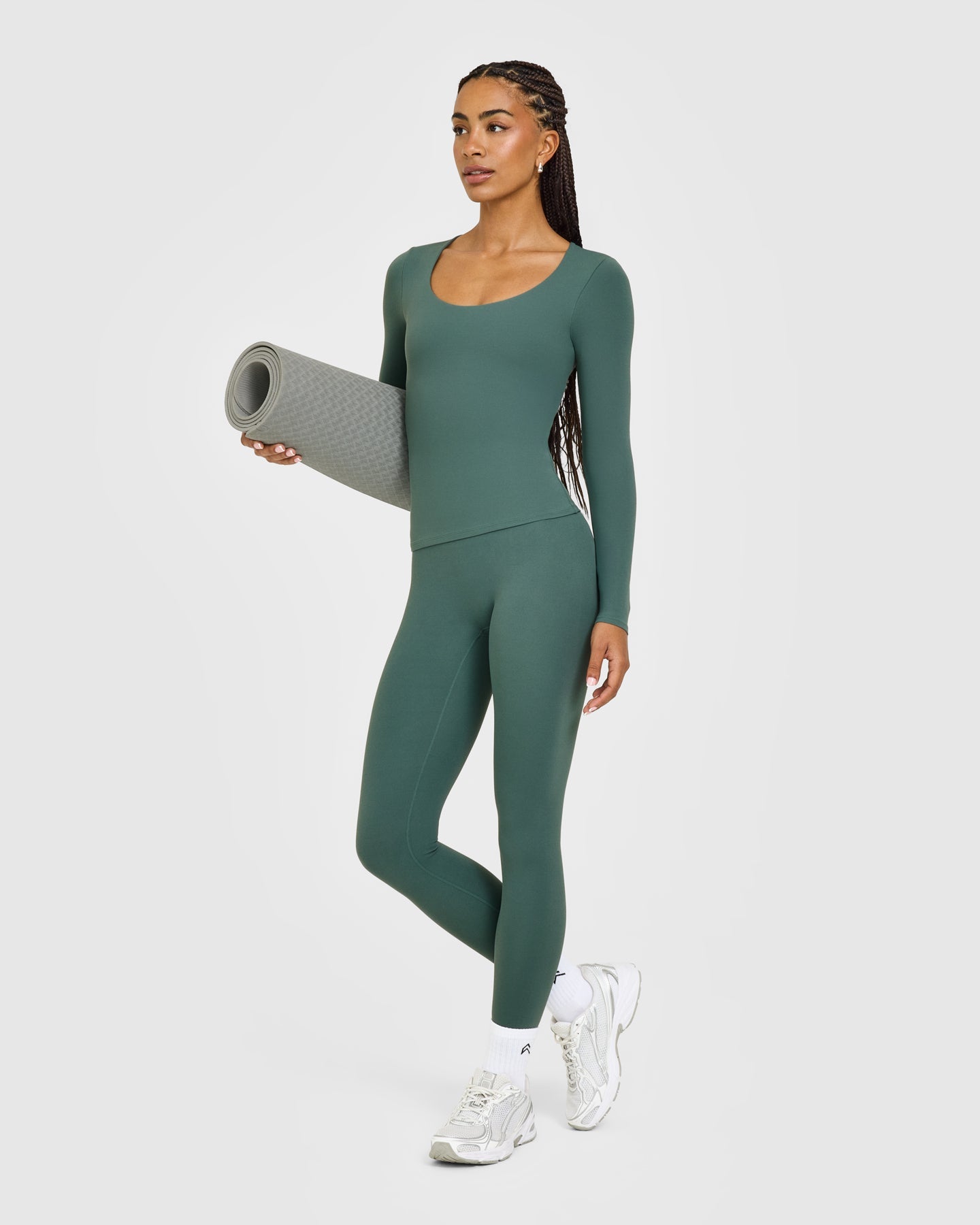 SoftMotion™ Scoop Neck Long Sleeve Top with Built in Bra Shelf with White Logo | Iced Green