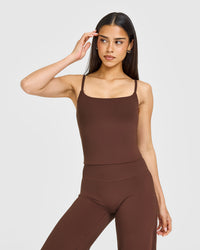 SoftMotion™ Strappy Mid Tank Top with Built in Bra Shelf with White Logo | Espresso Brown