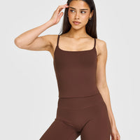 SoftMotion™ Strappy Mid Tank Top with Built in Bra Shelf with White Logo | Espresso Brown