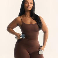 SoftMotion™ Strappy Mid Tank Top with Built in Bra Shelf with White Logo | Espresso Brown