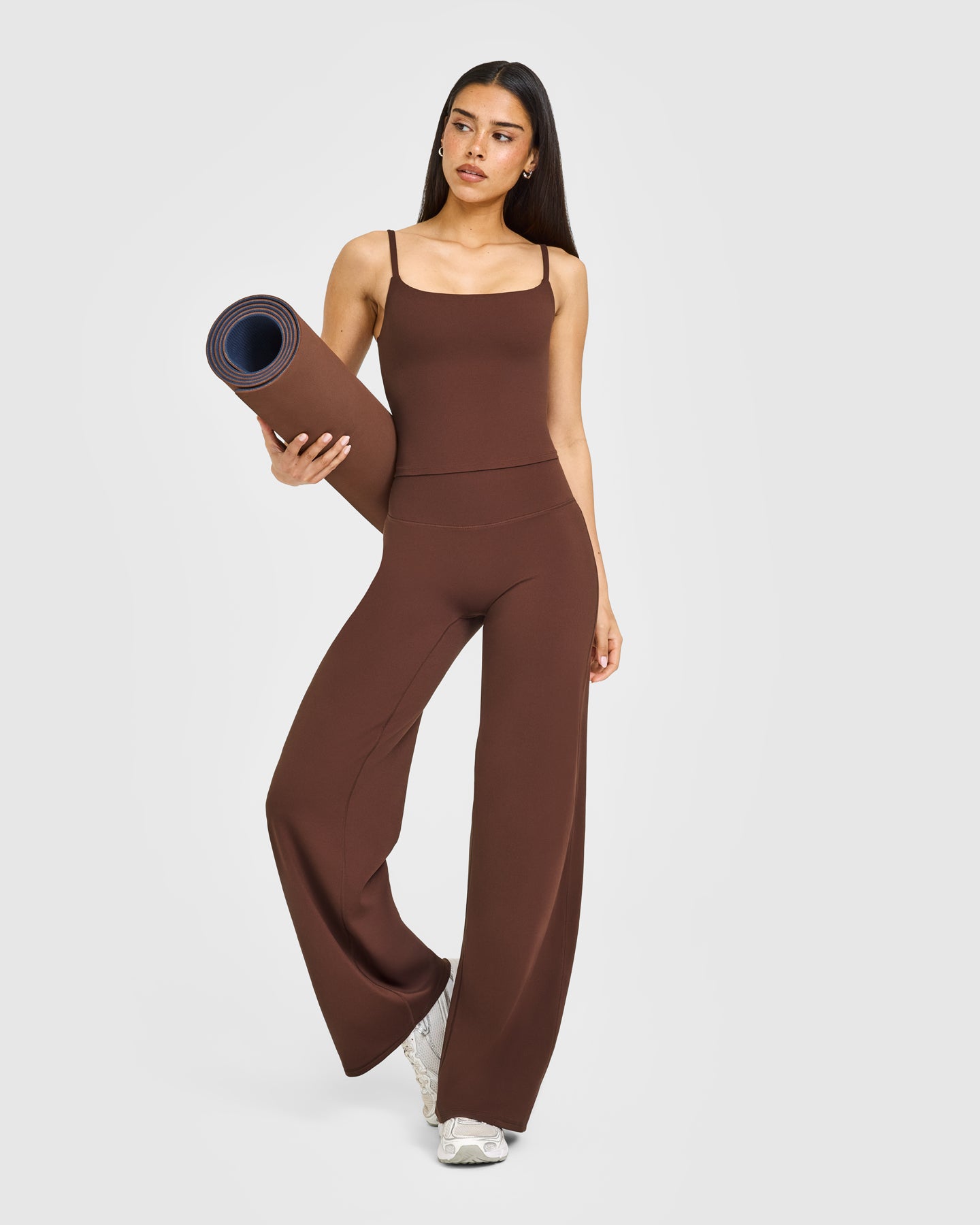SoftMotion™ Strappy Mid Tank Top with Built in Bra Shelf with White Logo | Espresso Brown