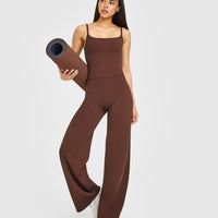 SoftMotion™ Strappy Mid Tank Top with Built in Bra Shelf with White Logo | Espresso Brown