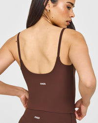 SoftMotion™ Strappy Mid Tank Top with Built in Bra Shelf with White Logo | Espresso Brown