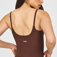 SoftMotion™ Strappy Mid Tank Top with Built in Bra Shelf with White Logo | Espresso Brown