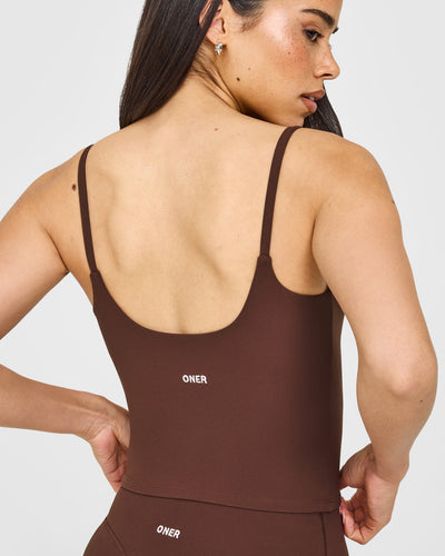 SoftMotion™ Strappy Mid Tank Top with Built in Bra Shelf with White Logo | Espresso Brown
