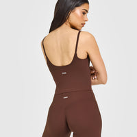 SoftMotion™ Strappy Mid Tank Top with Built in Bra Shelf with White Logo | Espresso Brown