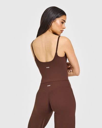 SoftMotion™ Strappy Mid Tank Top with Built in Bra Shelf with White Logo | Espresso Brown