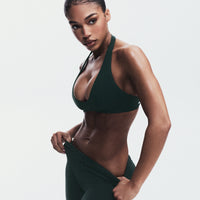 SoftMotion™ Minimal Halter Neck Bralette with Gray Logo | Emerald Noir