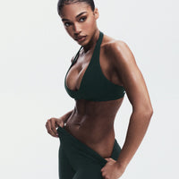 SoftMotion™ Minimal Halter Neck Bralette with Gray Logo | Emerald Noir