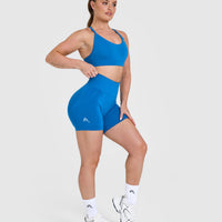 EffortlessLift™ Seamless Shorts with White Logo | Retro Blue