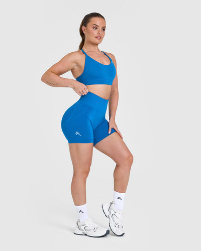 EffortlessLift™ Seamless Shorts with White Logo | Retro Blue