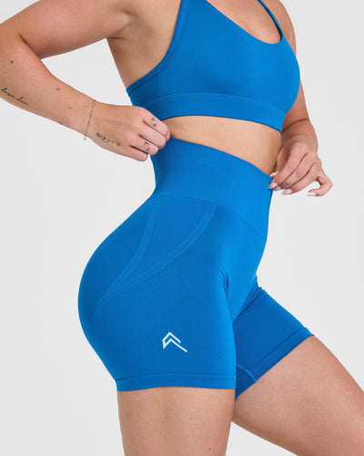 EffortlessLift™ Seamless Shorts with White Logo | Retro Blue