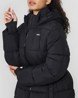 Women's Puffer Jacket Black - Hooded Mid Length | Oner Active US