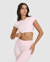 SoftMotion™ Short Sleeve Crop Top with White Logo | Ballet Pink