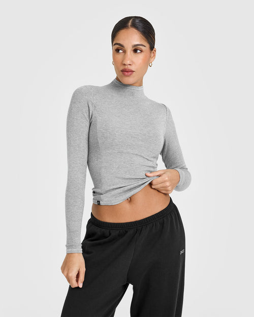 Oner Modal Mellow™ Rib Mock Neck Long Sleeve Top | Charcoal Marl