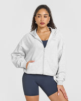 Mid Weight Zip Through Hoodie | Light Grey Marl