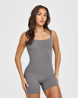 SoftMotion™ Strappy Tank Top with Built in Bra Shelf with White Logo | Ash Grey