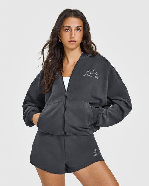 Oner Modal Lightweight Zip Through Hoodie with Graphic | Coal