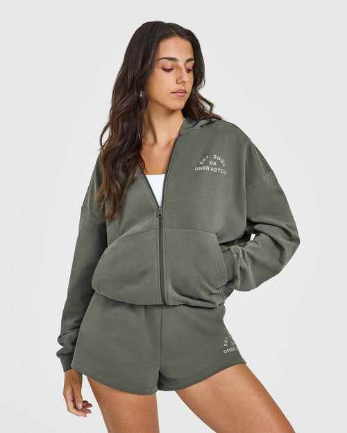 Oner Modal Lightweight Zip Through Hoodie with Graphic | Dark Khaki