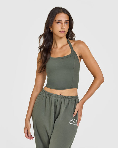 Oner Modal Mellow™ Rib Halter Neck Mid Vest with Built in Bra Shelf | Dark Khaki