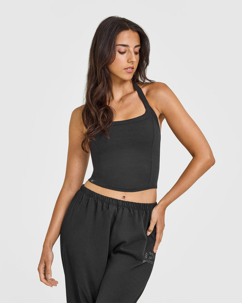 Oner Modal Mellow™ Rib Halter Neck Mid Vest with Built in Bra Shelf | Soft Black