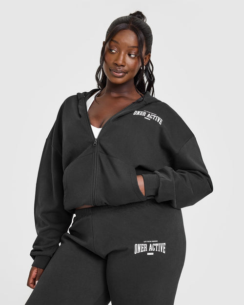 Oner Modal Lightweight Zip Through Hoodie With Athletic Graphic | Soft Black