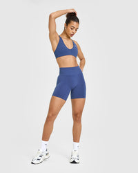 EffortlessLift™ Seamless Shorts with White Logo | Shadow Blue