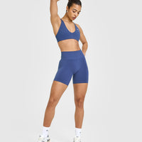 EffortlessLift™ Seamless Shorts with White Logo | Shadow Blue