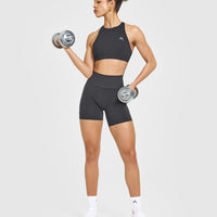 EasyLift™ High Neck Sports Bra with White Logo | Coal