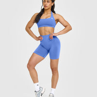 EffortlessLift™ Seamless Shorts with White Logo | Glaucous Blue